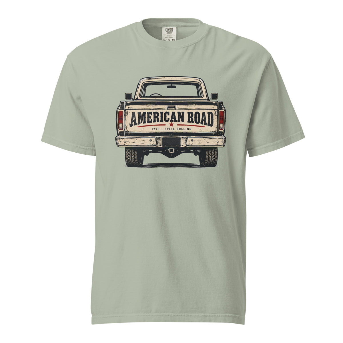 grey men's t-shirt with American Road written across the tailgate of a vintage American truck
