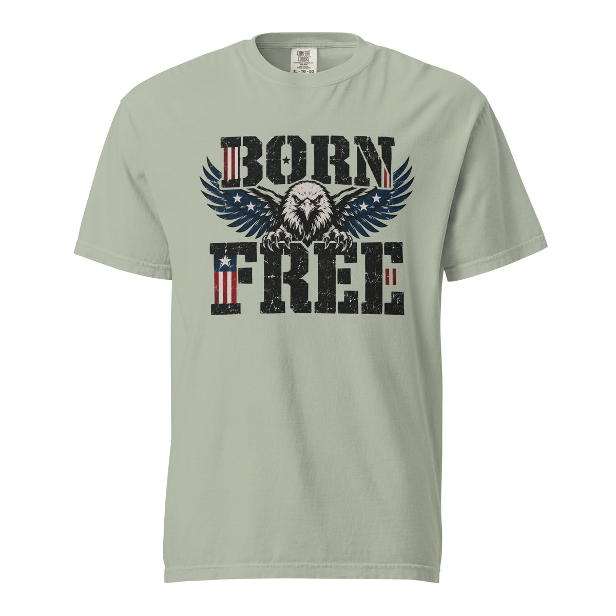 grey men's t-shirt with Born Free written in large letters and an eagle breaking through between them