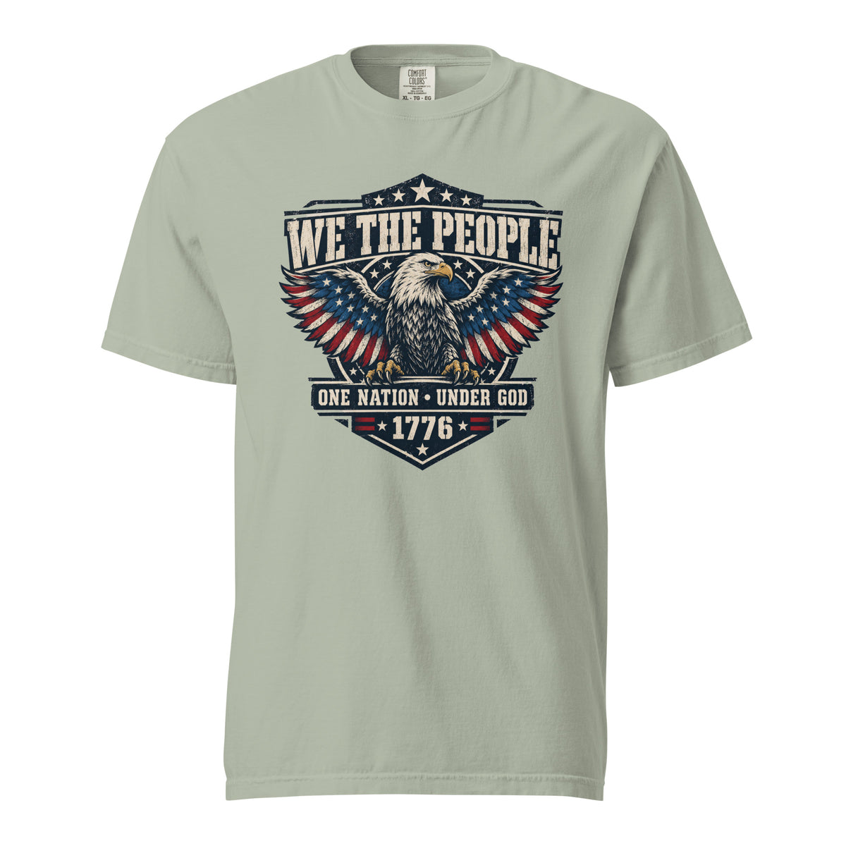 gray men's t-shirt with "we the people" across the top and an eagle graphic below, with written "One nation under god" and "1776" at the bottom