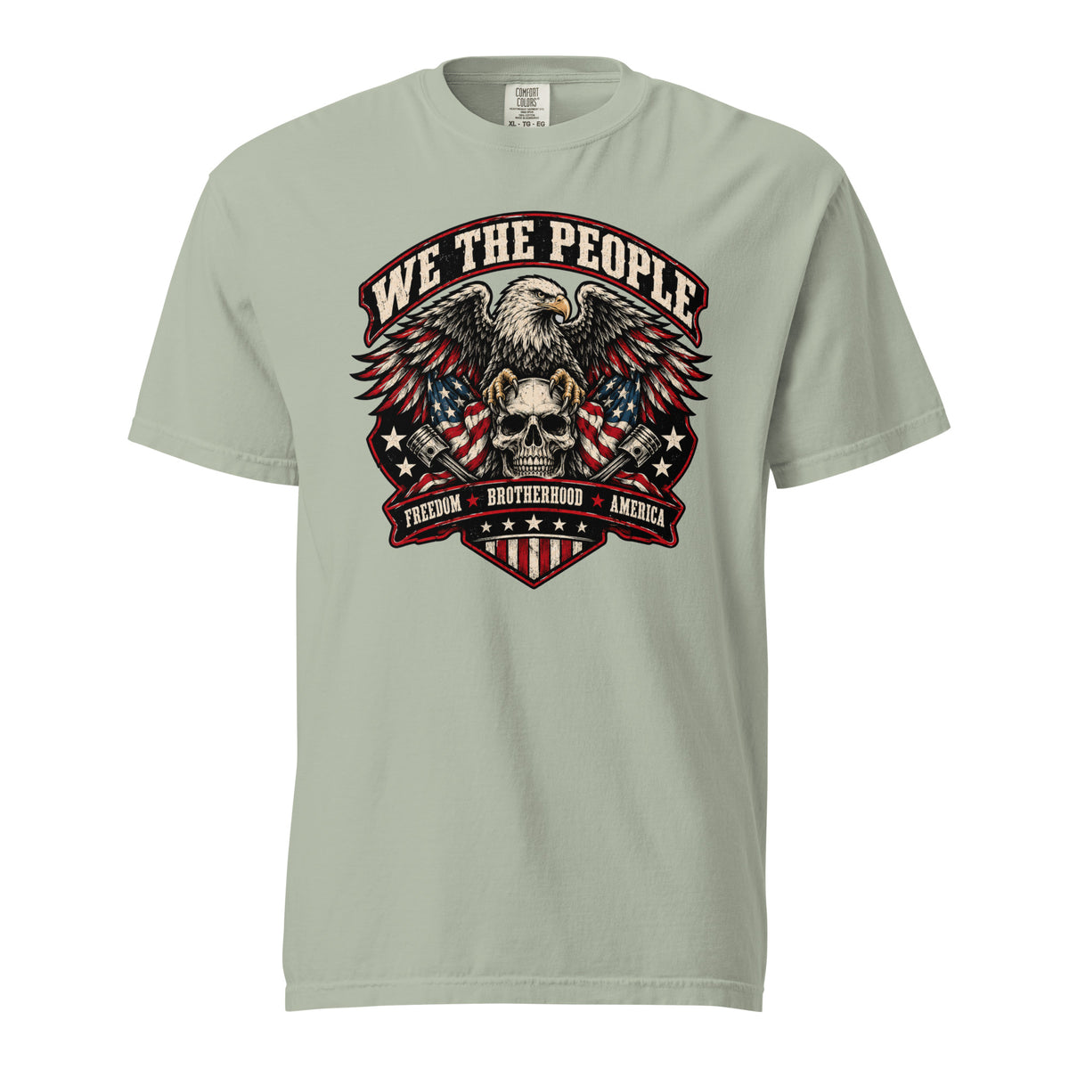 gray men's t-shirt with "we the people" across the top and an eagle standing on a skull graphic below, with written "Freedom Brotherhood America" at the bottom