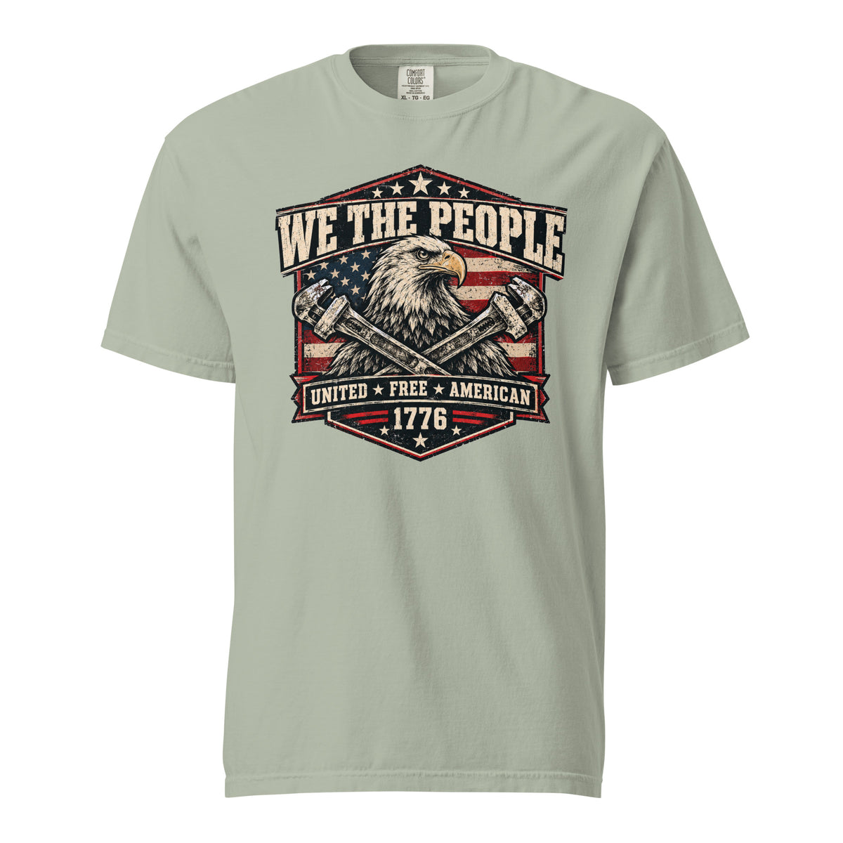 gray men's t-shirt with "we the people" across the top and an eagle with two wrenches graphic below, with written "United Free America" at the bottom