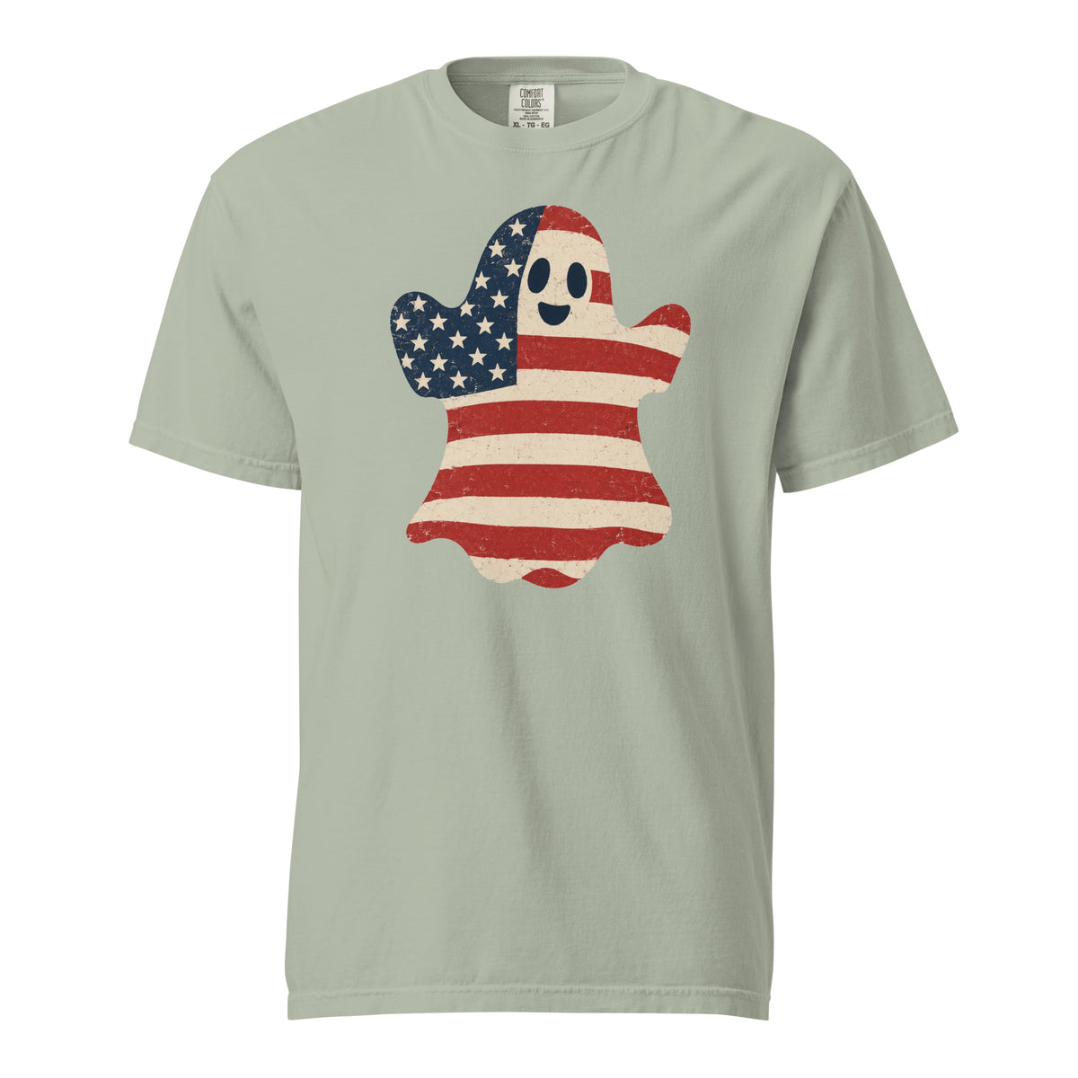 men's green t-shirt for Halloween with a simple ghost silhouette filled with vintage American flag
