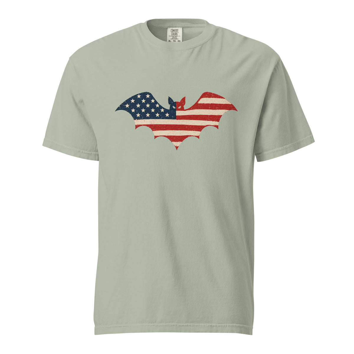 green men's t-shirt for Halloween with a simple bat silhouette filled with vintage American flag