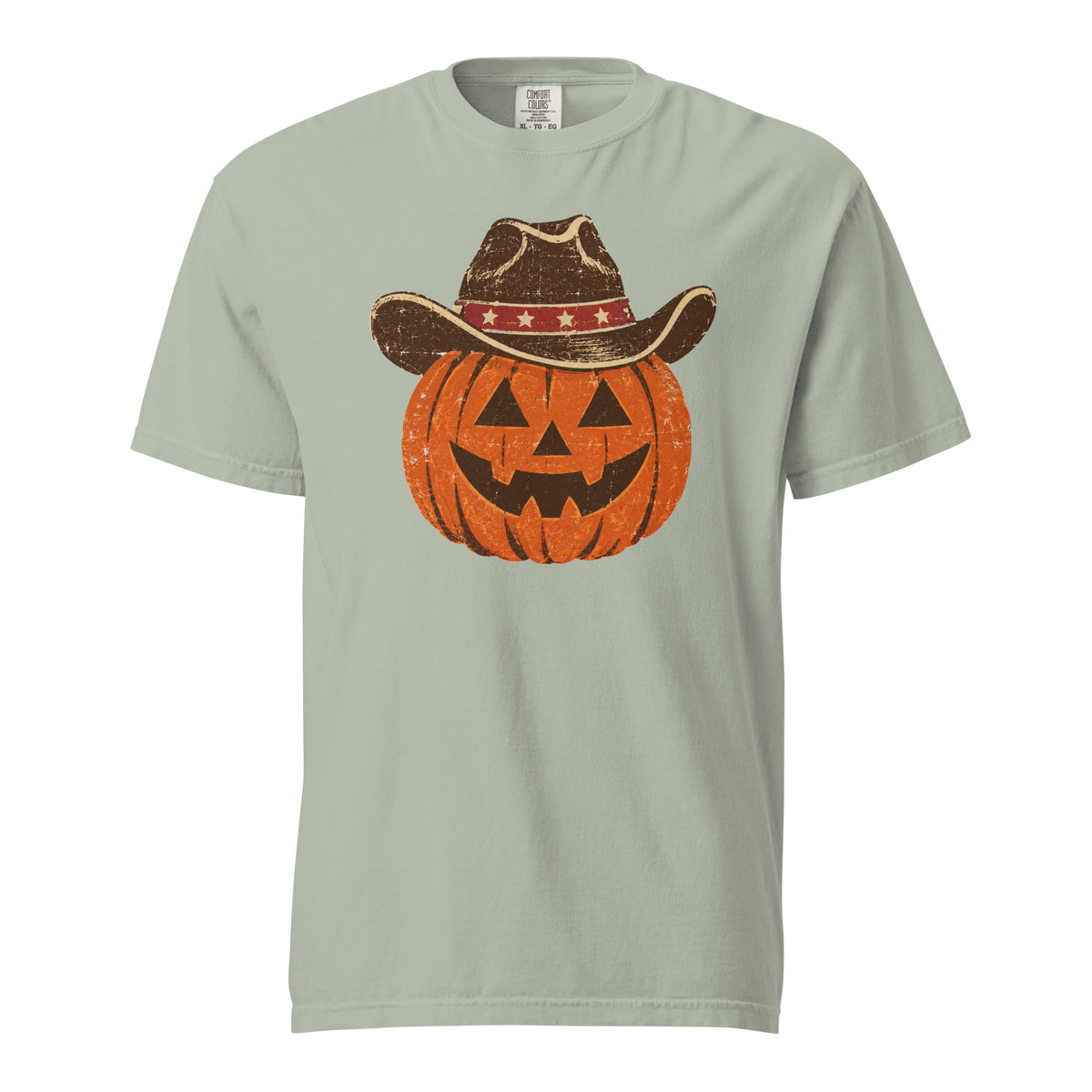 green men's t-shirt for Halloween with a simple pumpkin carved silhouette with vintage American cowboy hat on top