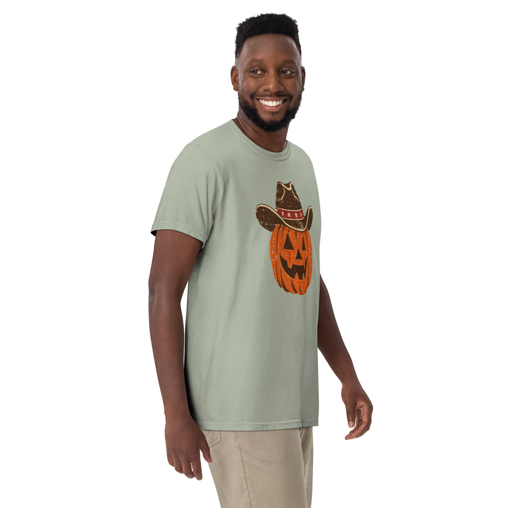 green men's t-shirt for Halloween with a simple pumpkin carved silhouette with vintage American cowboy hat on top