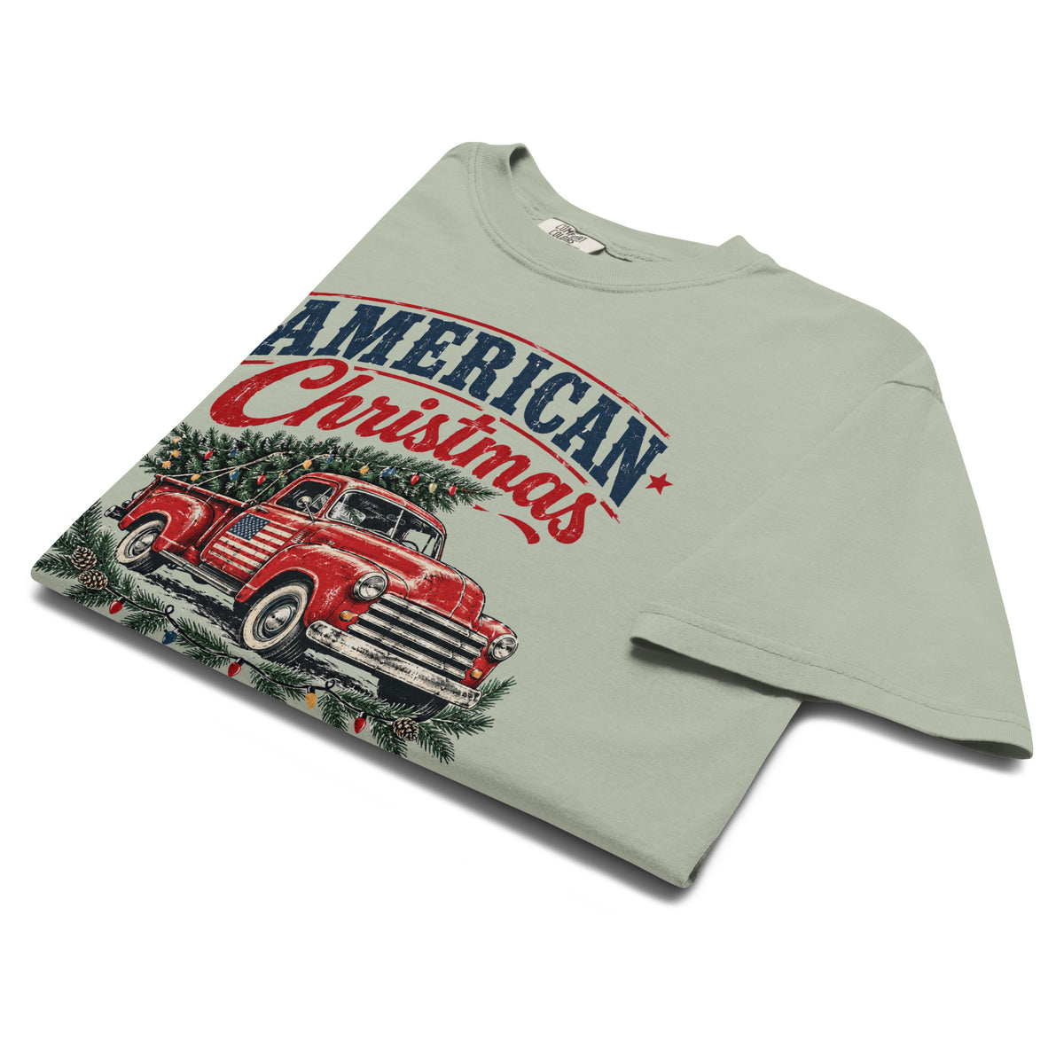 men's gray Christmas t-shirt with an old truck and tree and "American Christmas" written across the top 