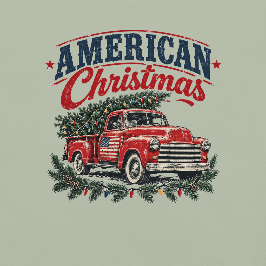 men's gray Christmas t-shirt with an old truck and tree and "American Christmas" written across the top 