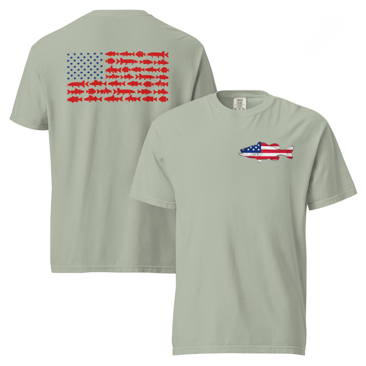 Gray men's t-shirt with American flag Bass on the front and American flag made of freshwater fish on the back