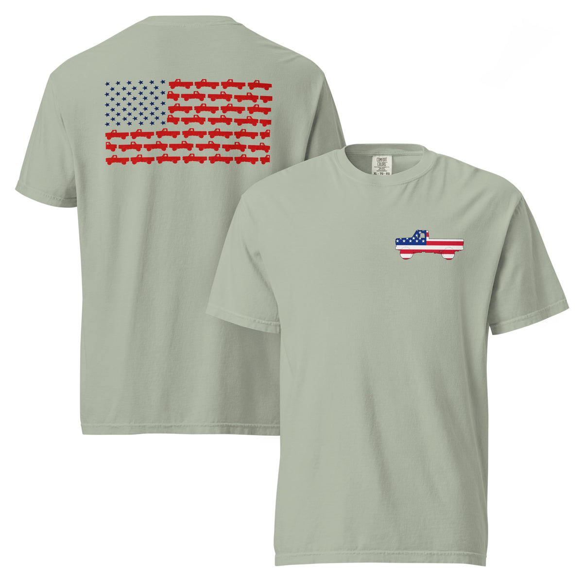 Gray men's t-shirt with American flag truck on the front and American flag made of trucks on the back