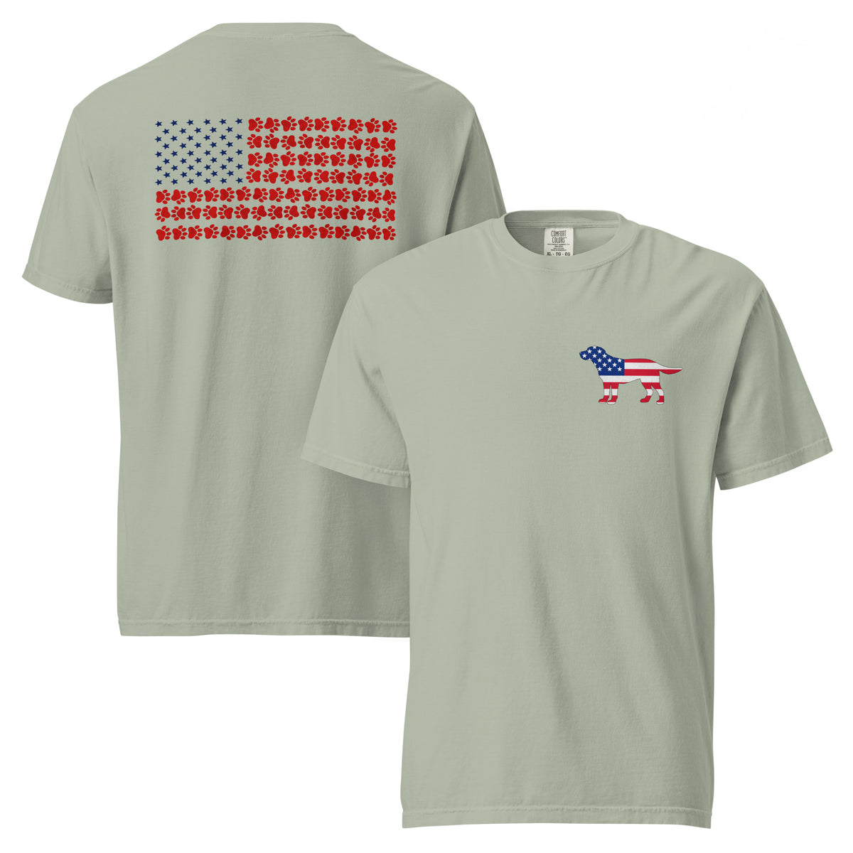 Green men's t-shirt with American flag dog on front and American flag made of paw prints on the back