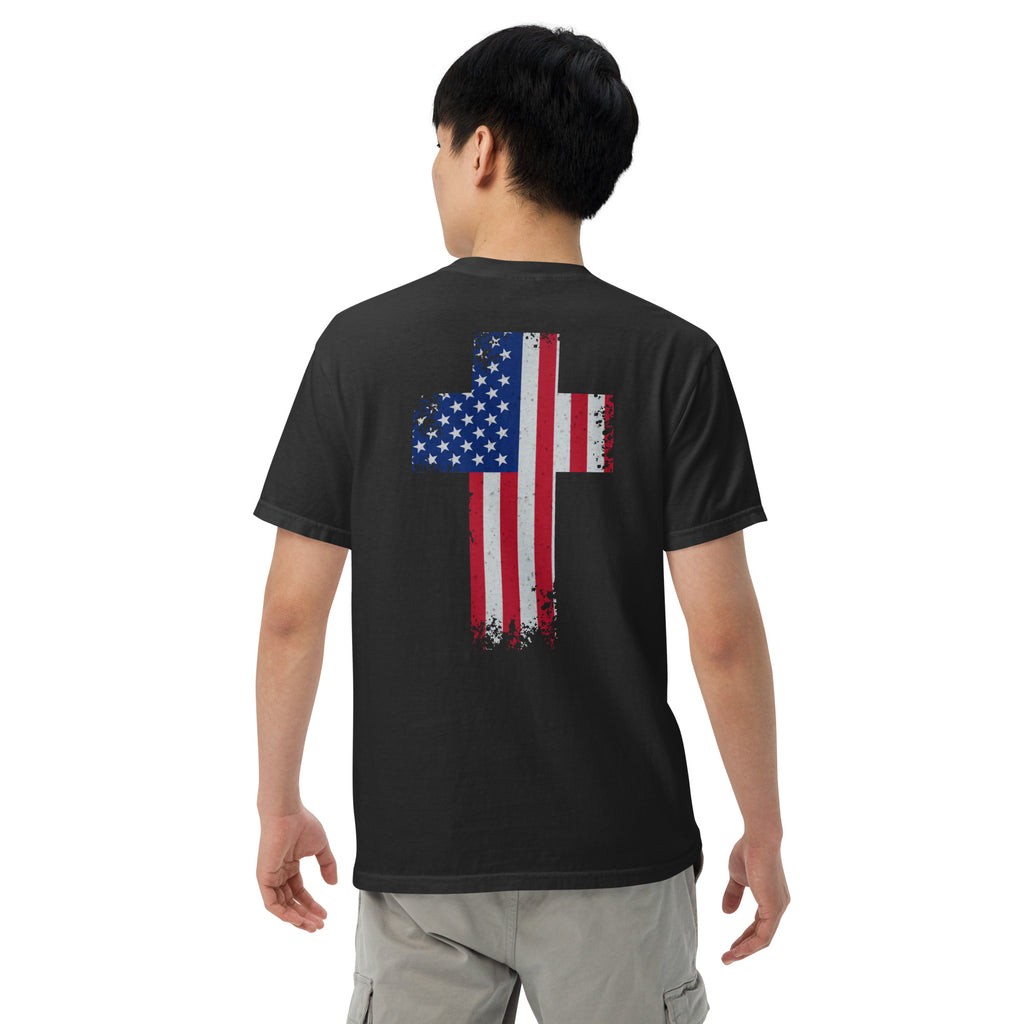 Men's Christian cross American flag design black t-shirt