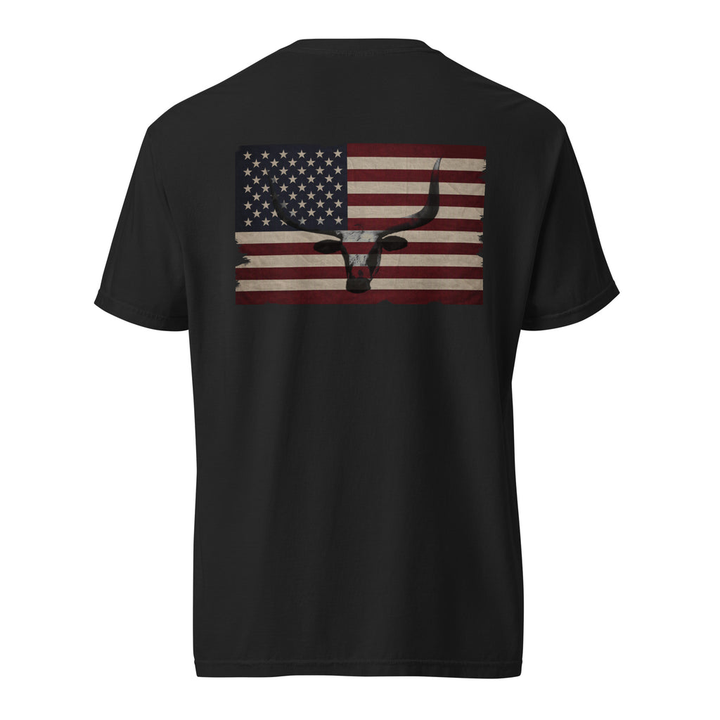 men's longhorn head and distressed American flag design back black t-shirt