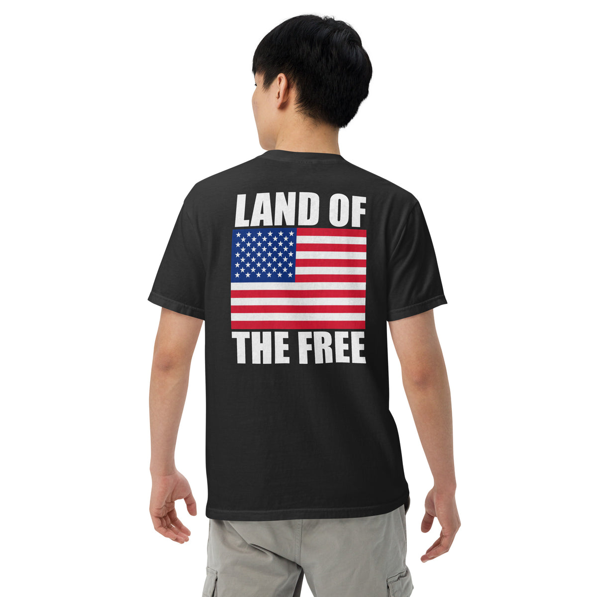 Men's black t-shirt with Land of the free written above and below an American flag