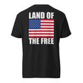 Men's black t-shirt with Land of the free written above and below an American flag