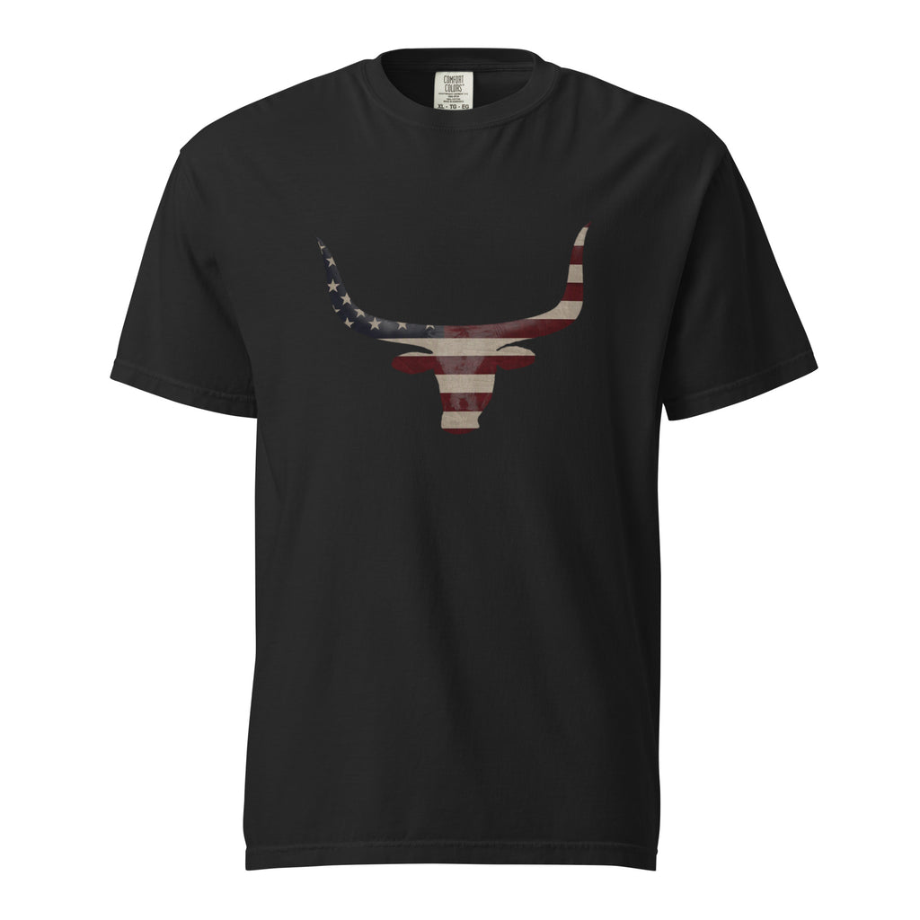 men's longhorn head and American flag design black t-shirt