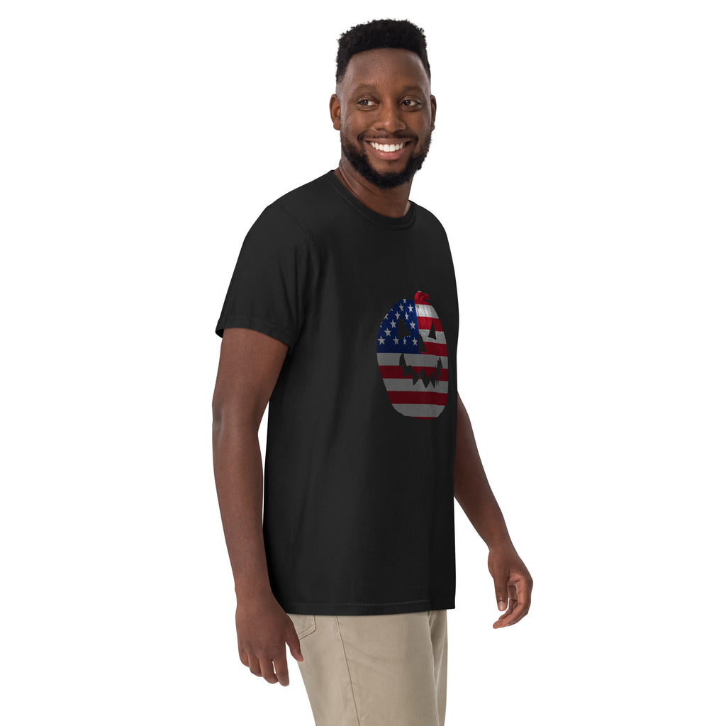 black mens Halloween t-shirt with a jack-o-lantern pumpkin design and American flag