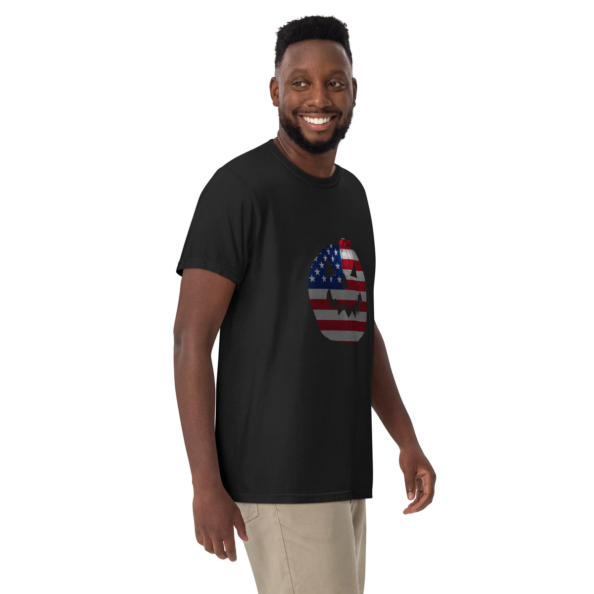 black mens Halloween t-shirt with a jack-o-lantern pumpkin design and American flag