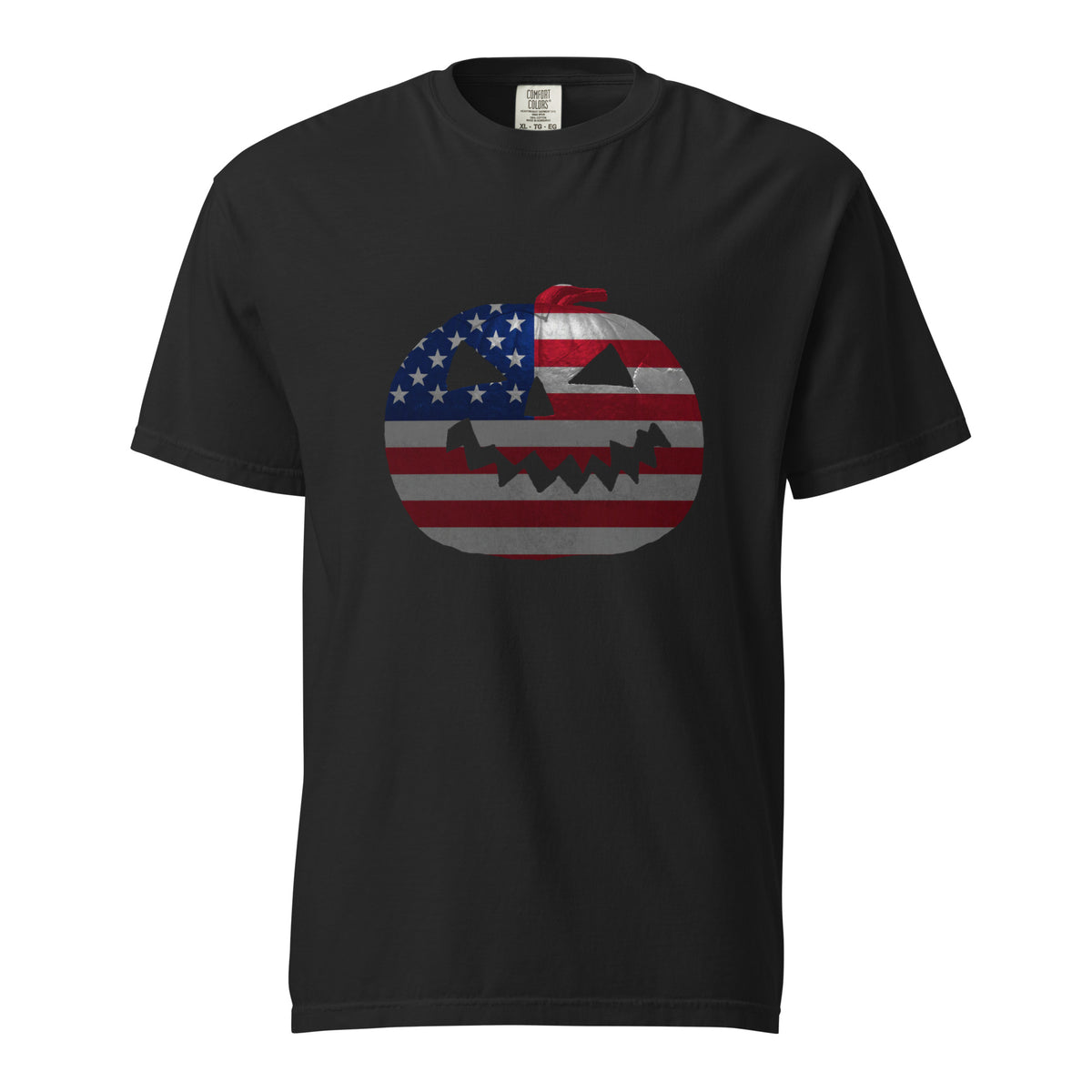 black mens Halloween t-shirt with a jack-o-lantern pumpkin design and American flag