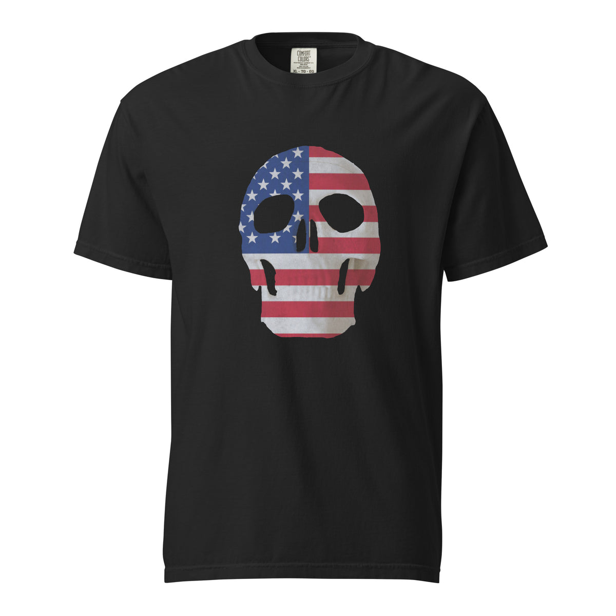 Men's black t-shirt for Halloween with a skull and American flag combination on the front