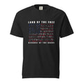 Men's black t-shirt with land of the free because of the brave written above and below a distressed American flag design