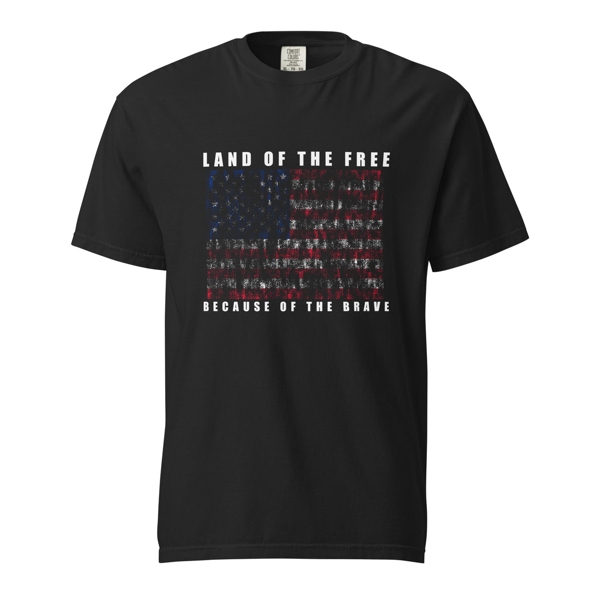Men's black t-shirt with land of the free because of the brave written above and below a distressed American flag design