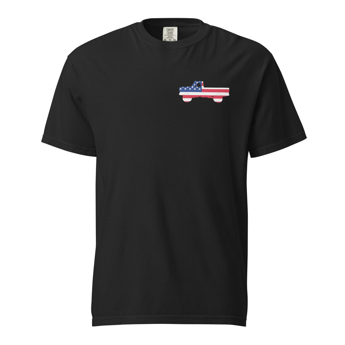 Black men's t-shirt with American flag truck on the front and American flag made of trucks on the back