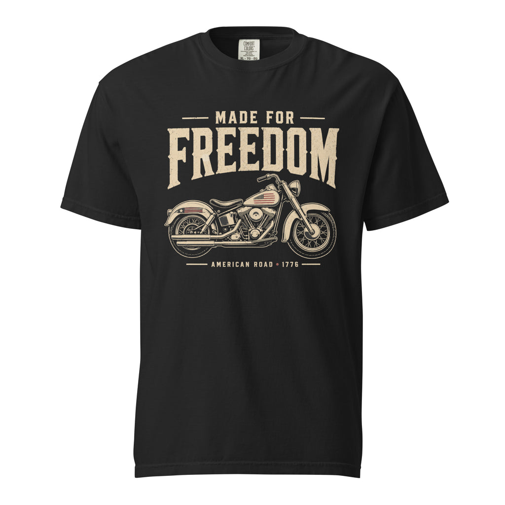 Men's black t-shirt that says Made for Freedom above a classic motorcycle graphic, and American Road 1776 at the bottom