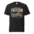 Men's black t-shirt that says Made for Freedom above a classic motorcycle graphic, and American Road 1776 at the bottom