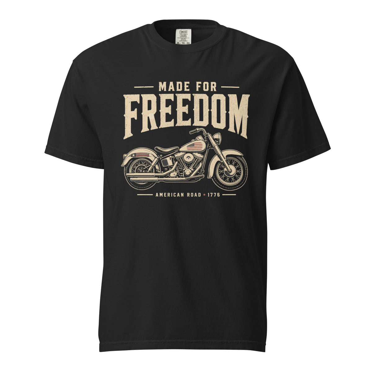 Men's black t-shirt that says Made for Freedom above a classic motorcycle graphic, and American Road 1776 at the bottom