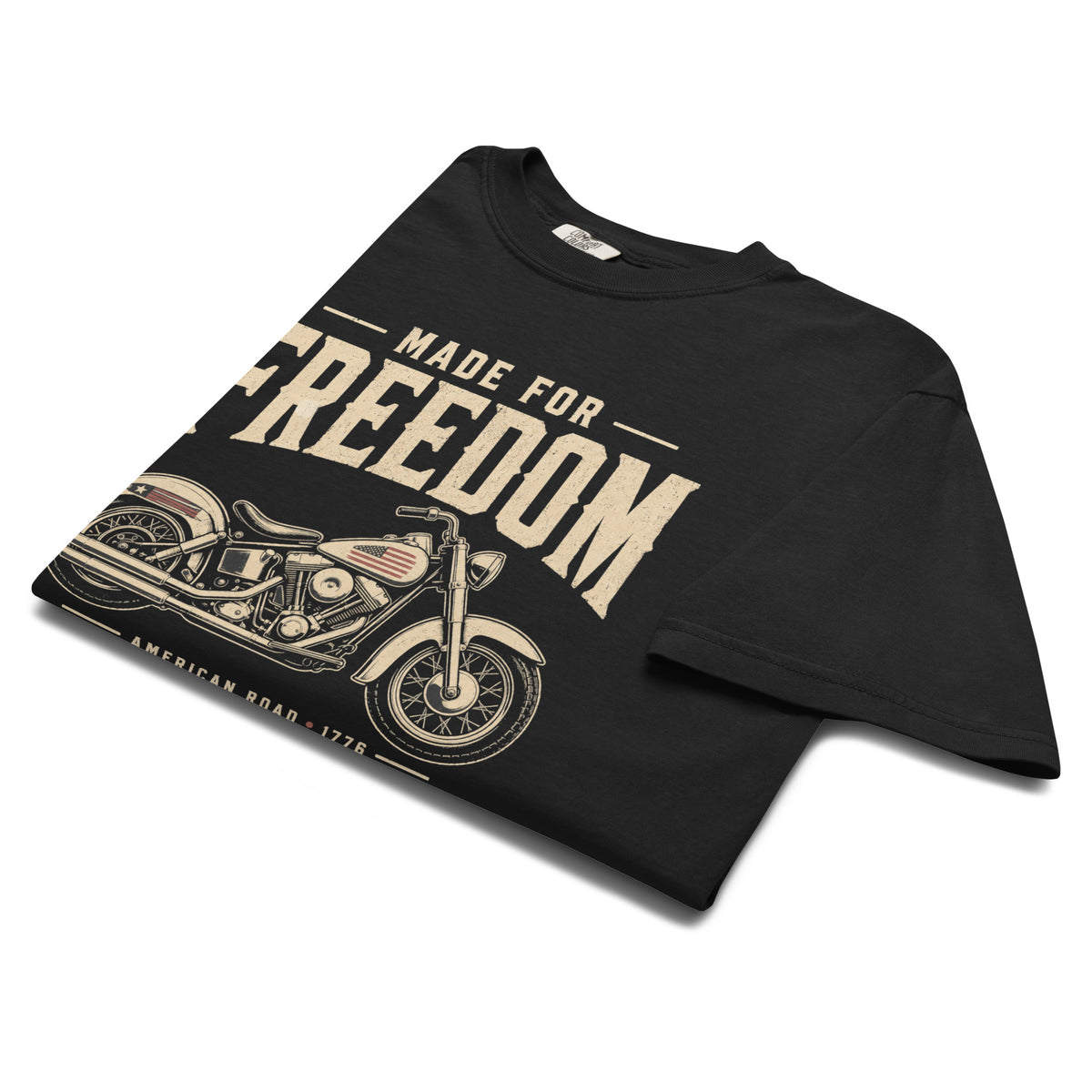 Men's black t-shirt that says Made for Freedom above a classic motorcycle graphic, and American Road 1776 at the bottom