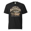 black men's t-shirt with text saying "Raised on backroads" above a dirt road with truck graphic, red, white and blue accents