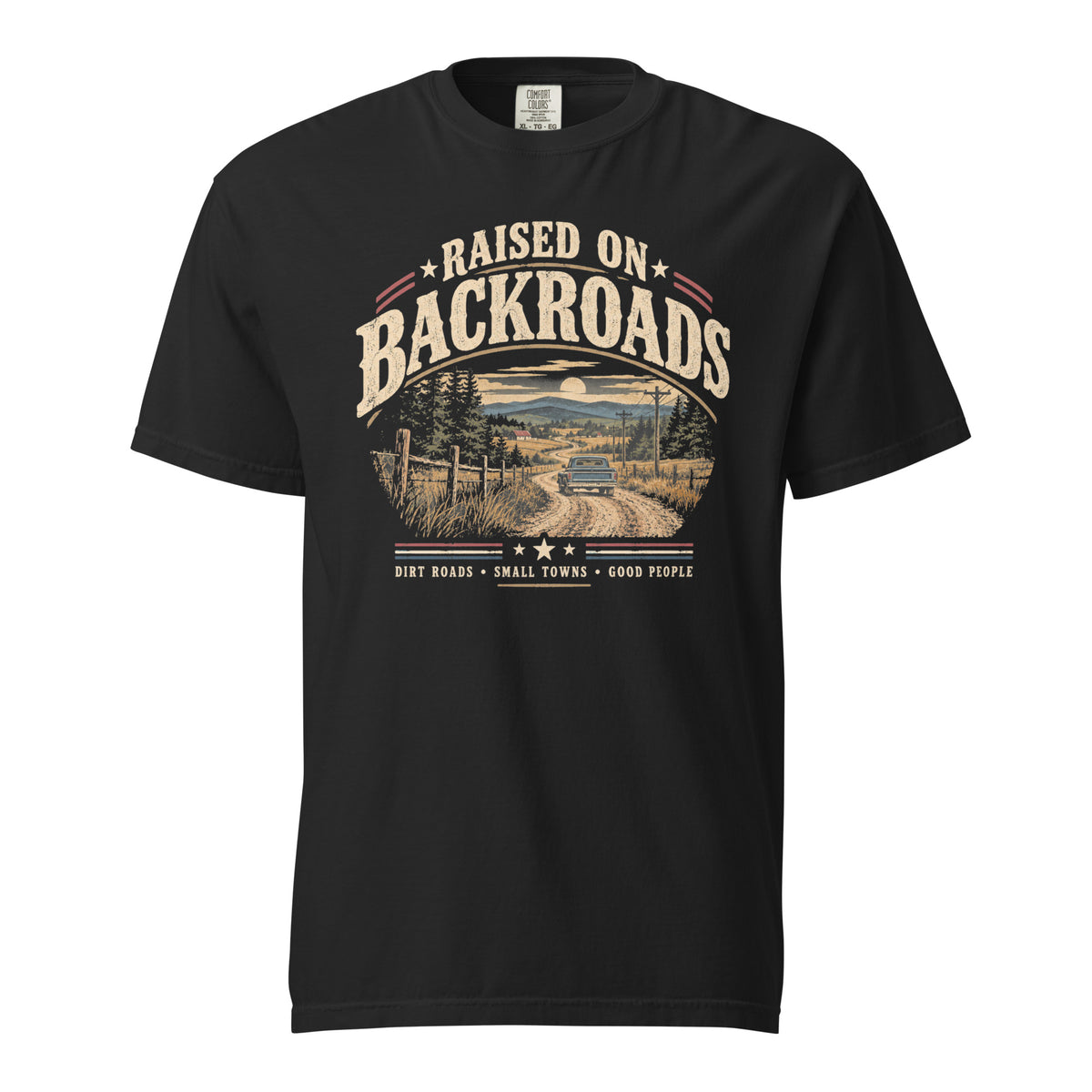black men's t-shirt with text saying "Raised on backroads" above a dirt road with truck graphic, red, white and blue accents