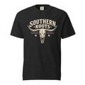 black men's shirt with southern roots written above a longhorn bone silhouette with star and stripe accents