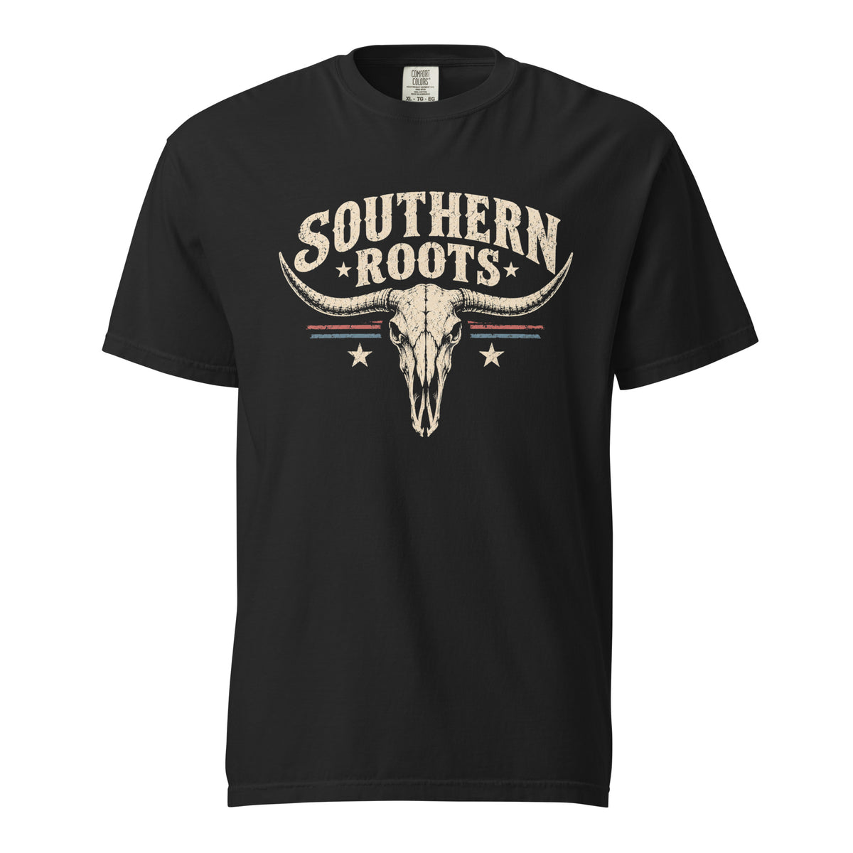 black men's shirt with southern roots written above a longhorn bone silhouette with star and stripe accents