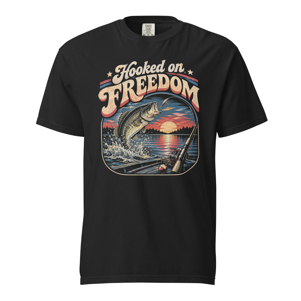black men's t-shirt with Hooked on freedom written in large vintage lettering, with a sunset and bass graphic 
