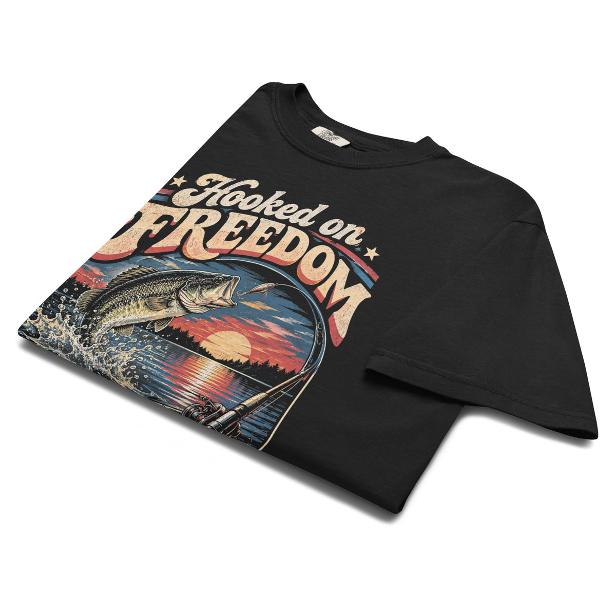 black men's t-shirt with Hooked on freedom written in large vintage lettering, with a sunset and bass graphic 