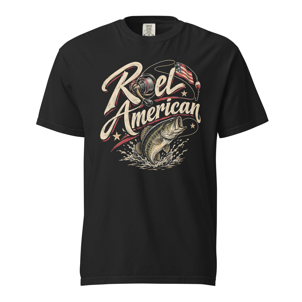black men's t-shirt with Reel American written in large lettering, with a fishing reel as one of the letters and bass graphic 