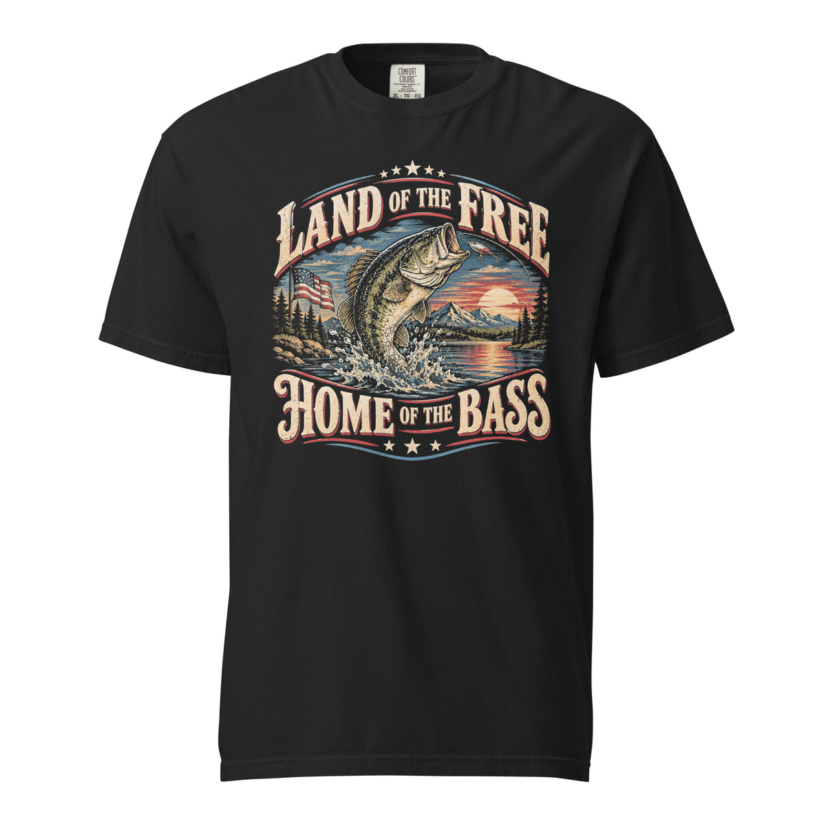 black men's t-shirt with "Land of the free home of the bass" written in large lettering, with a bass and sunset graphic in the center