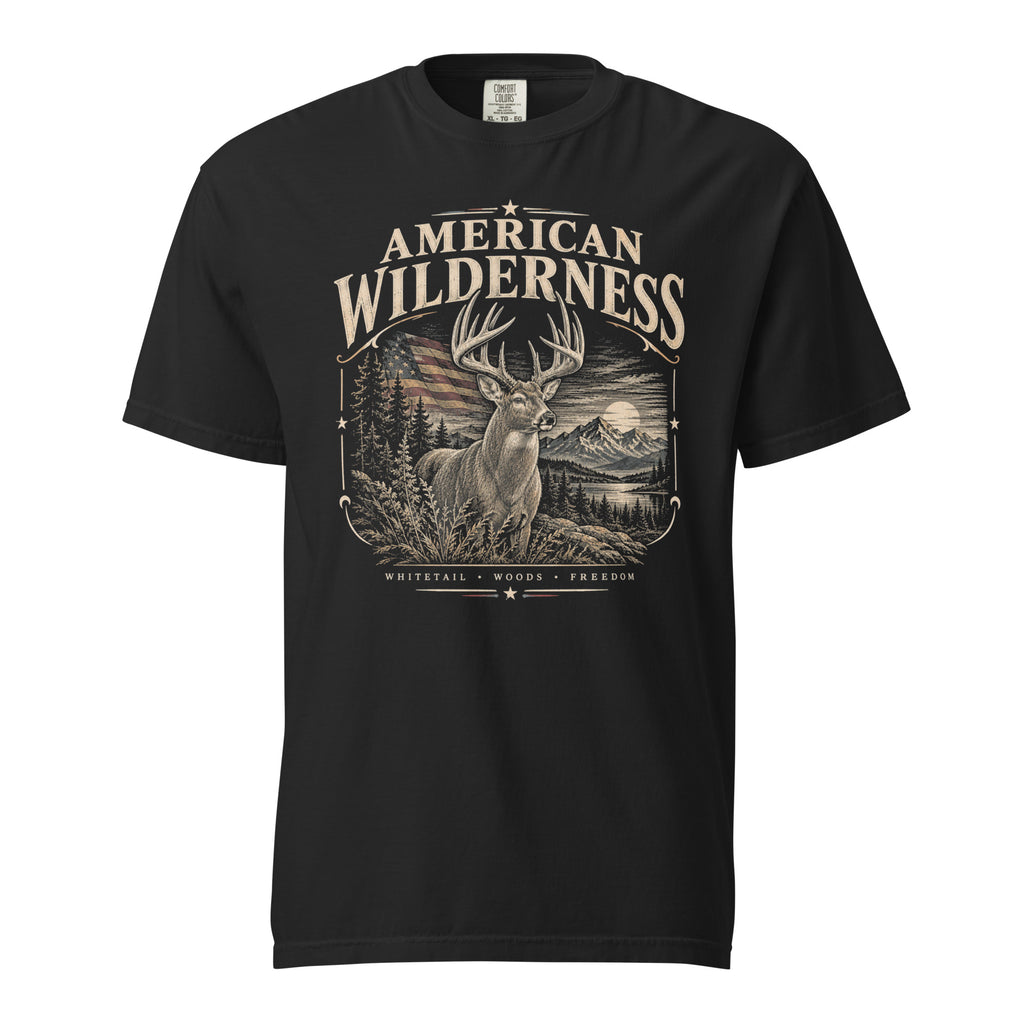 black men's t-shirt with "American Wilderness" across the top, and a whitetail buck graphic with an American flag and small lettering along the bottom