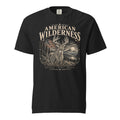 black men's t-shirt with "American Wilderness" across the top, and a whitetail buck graphic with an American flag and small lettering along the bottom