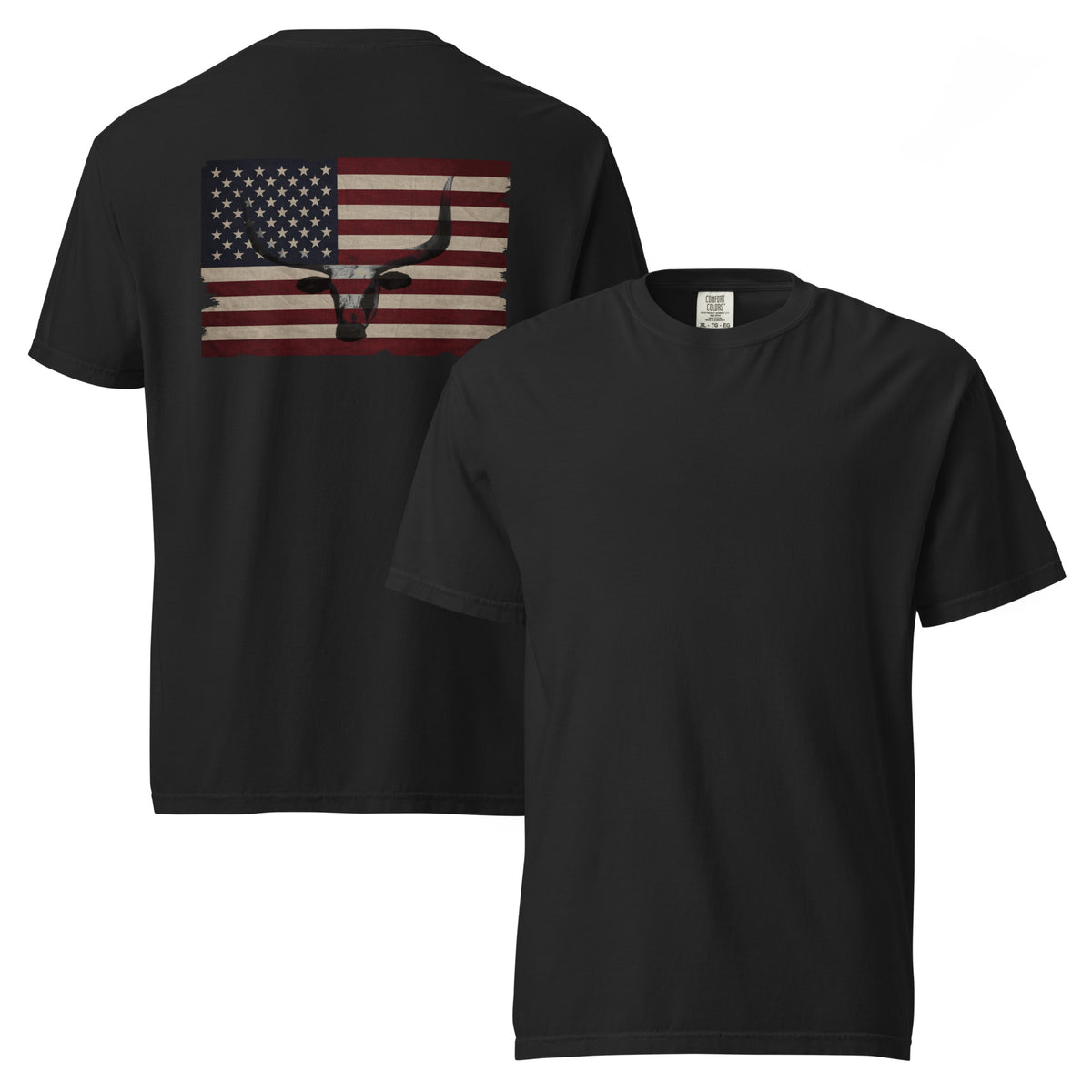 men's longhorn head and distressed American flag design back black t-shirt