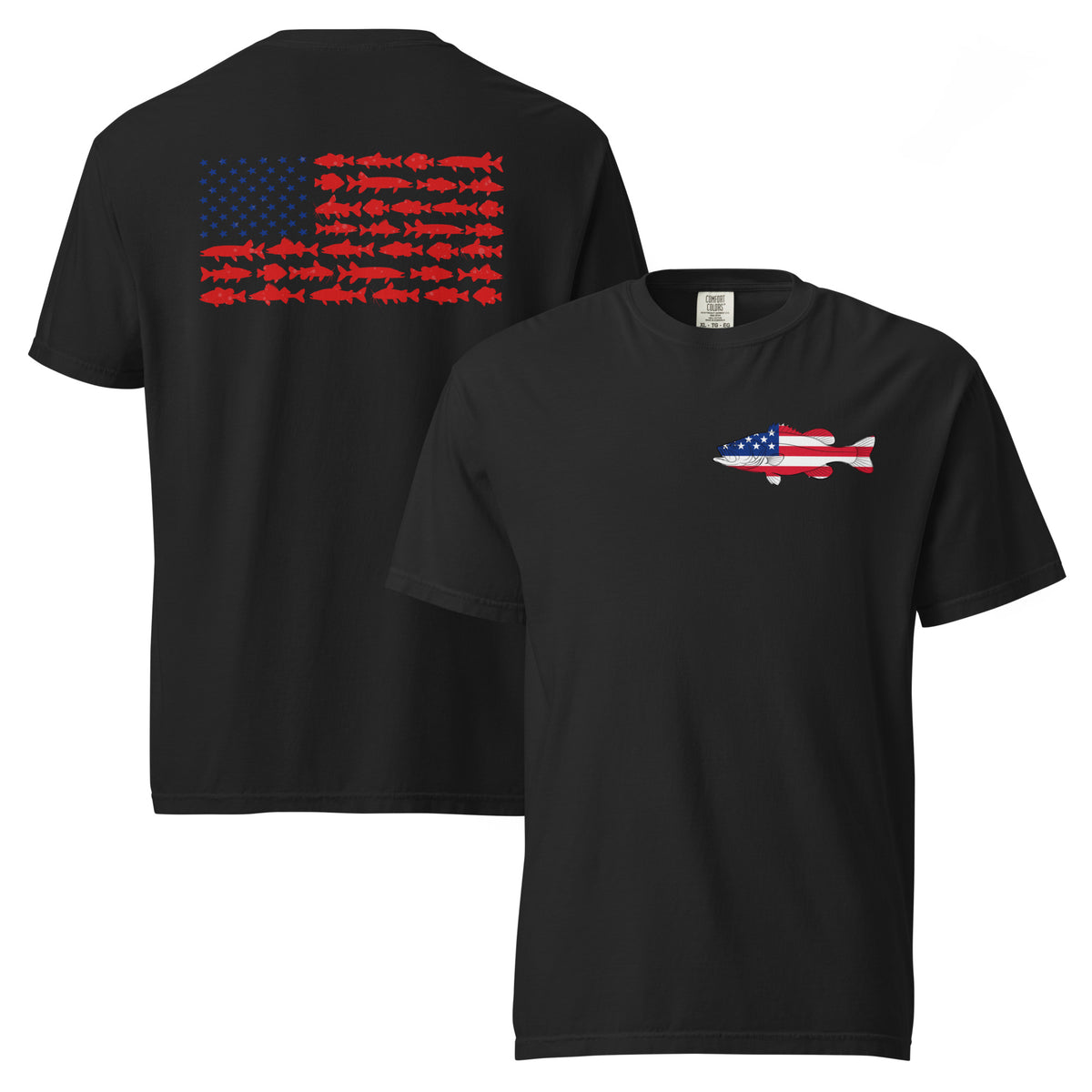 Black men's t-shirt with American flag Bass on the front and American flag made of freshwater fish on the back