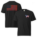 Black men's t-shirt with American flag dog on front and American flag made of paw prints on the back