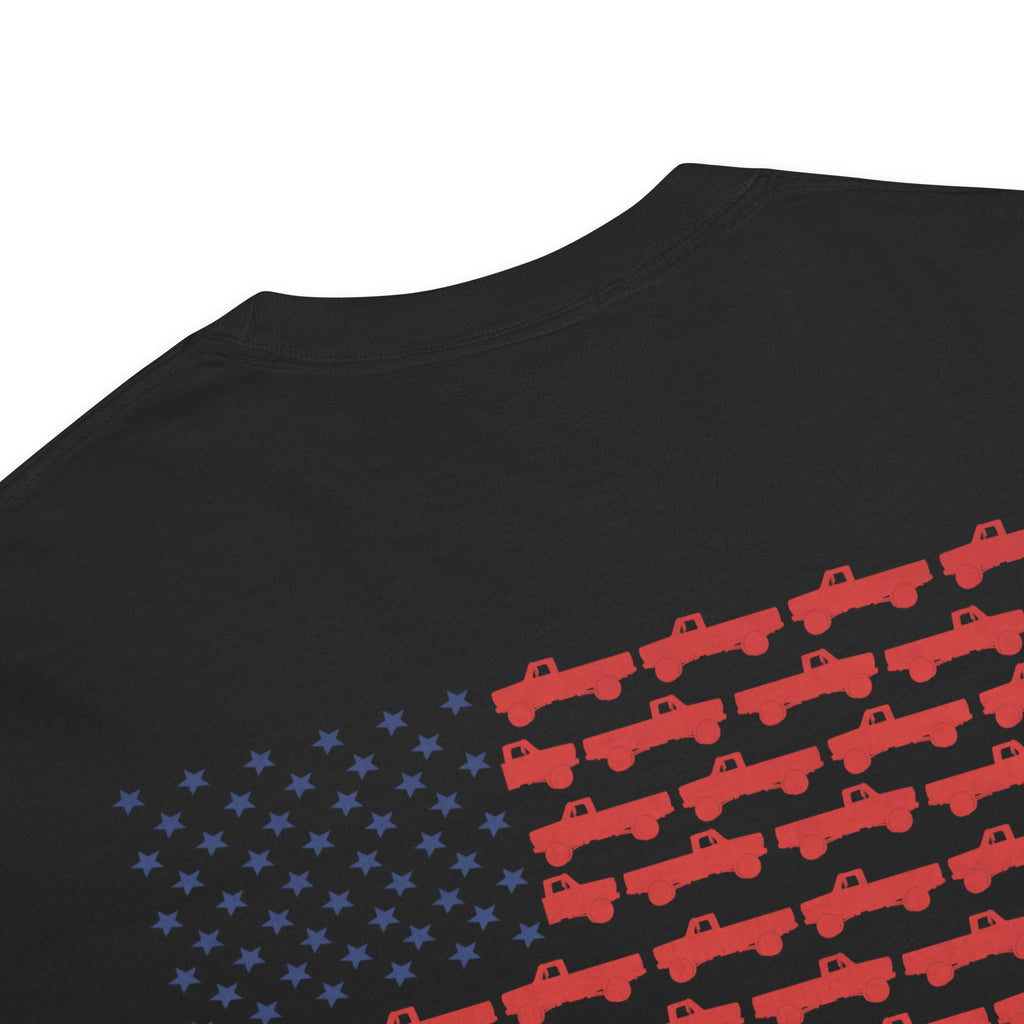 Black men's t-shirt with American flag truck on the front and American flag made of trucks on the back