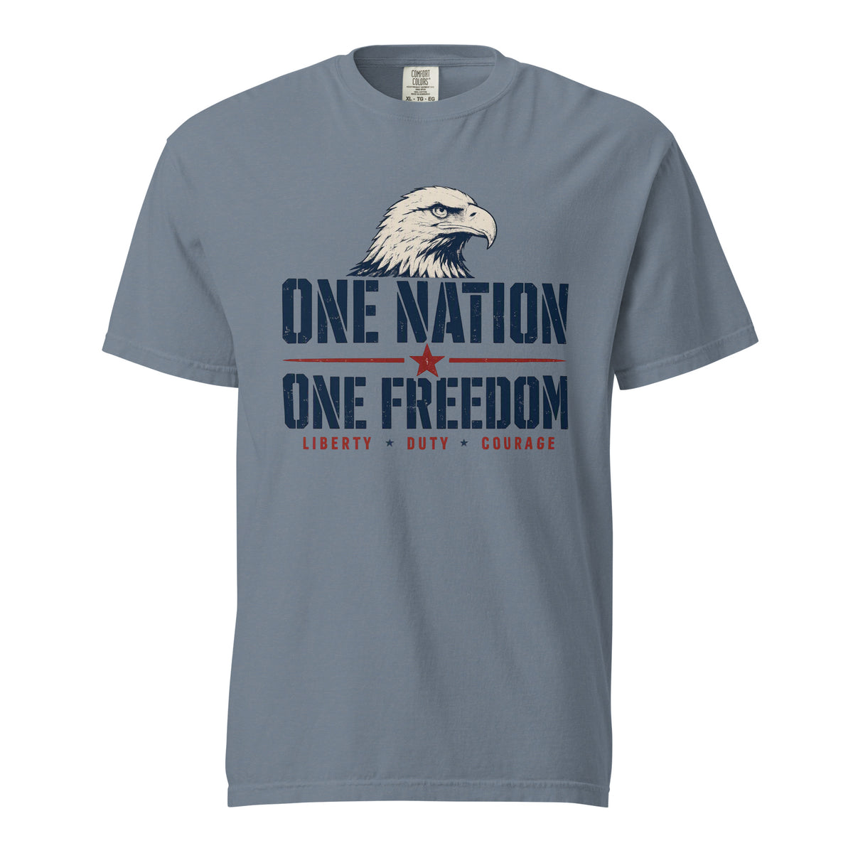 Blue men's t-shirt with an eagle head, and One Nation One Freedom written under. With some star accents and "Liberty Duty Courage" at the bottom.