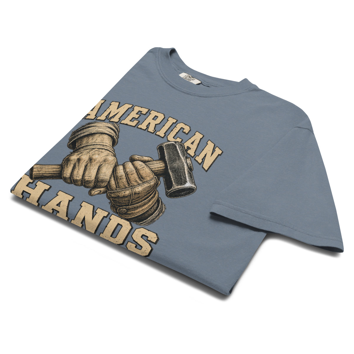 Blue men's t-shirt with American Hands written above and below rough hands holding a sledge hammer and build the future written beneath