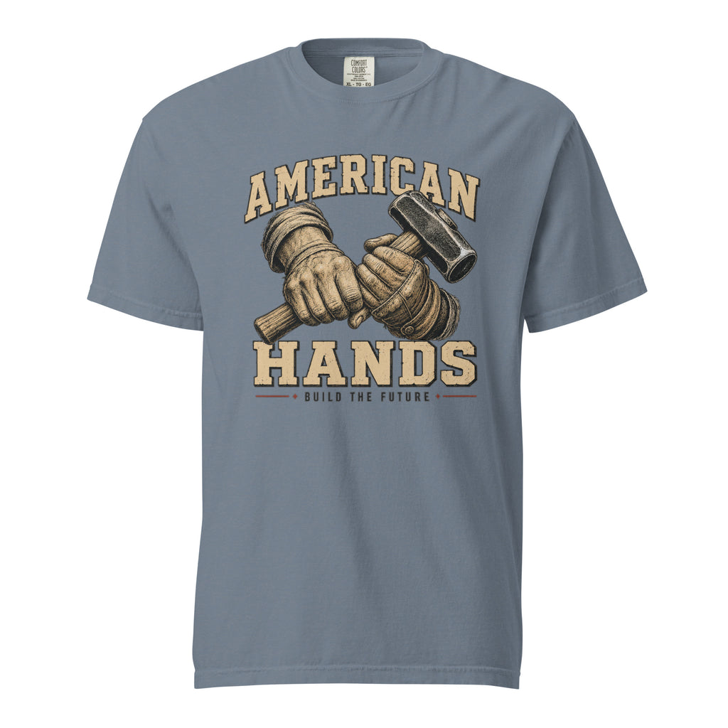 Blue men's t-shirt with American Hands written above and below rough hands holding a sledge hammer and build the future written beneath