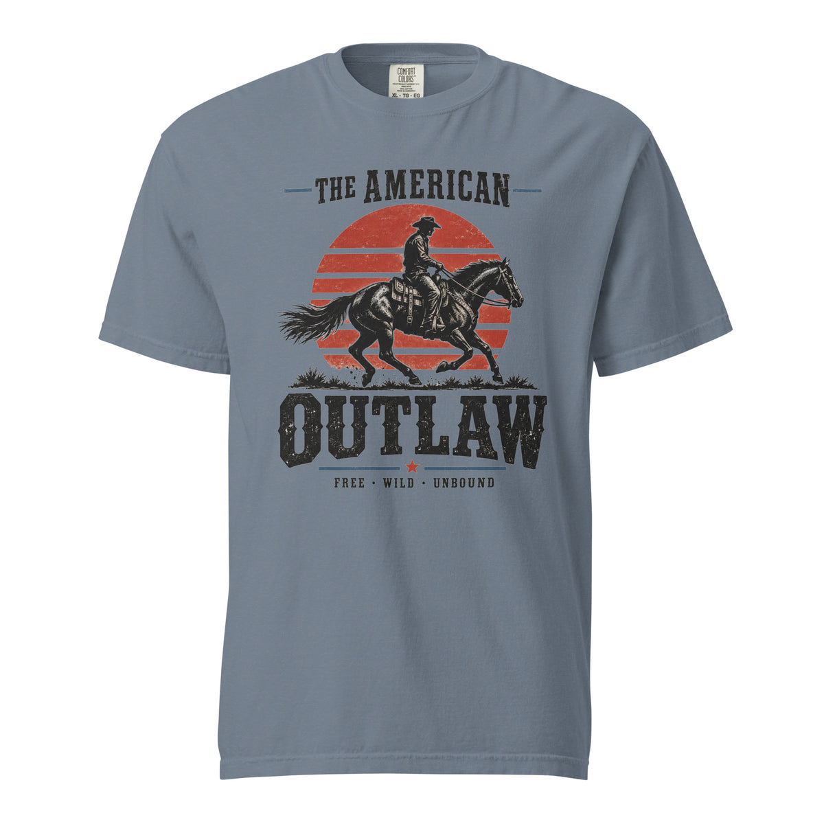 blue men's t-shirt with a sun setting silhouette and cowboy riding horse with "The American Outlaw" written above and below