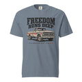 blue men's t-shirt with Freedom Runs Deep written across the top above a vintage American truck 