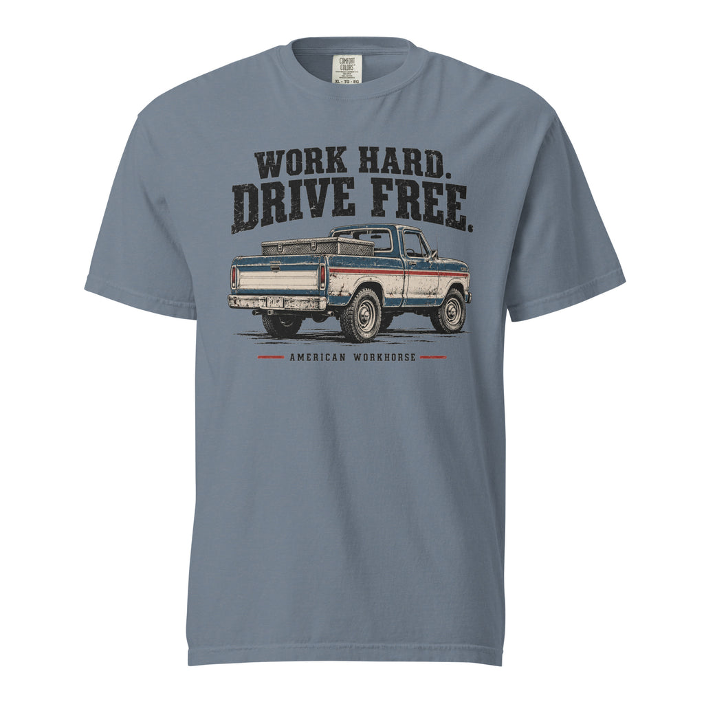 blue men's t-shirt that says Work hard. Drive Free. above a vintage American truck colored dusty red, white and blue
